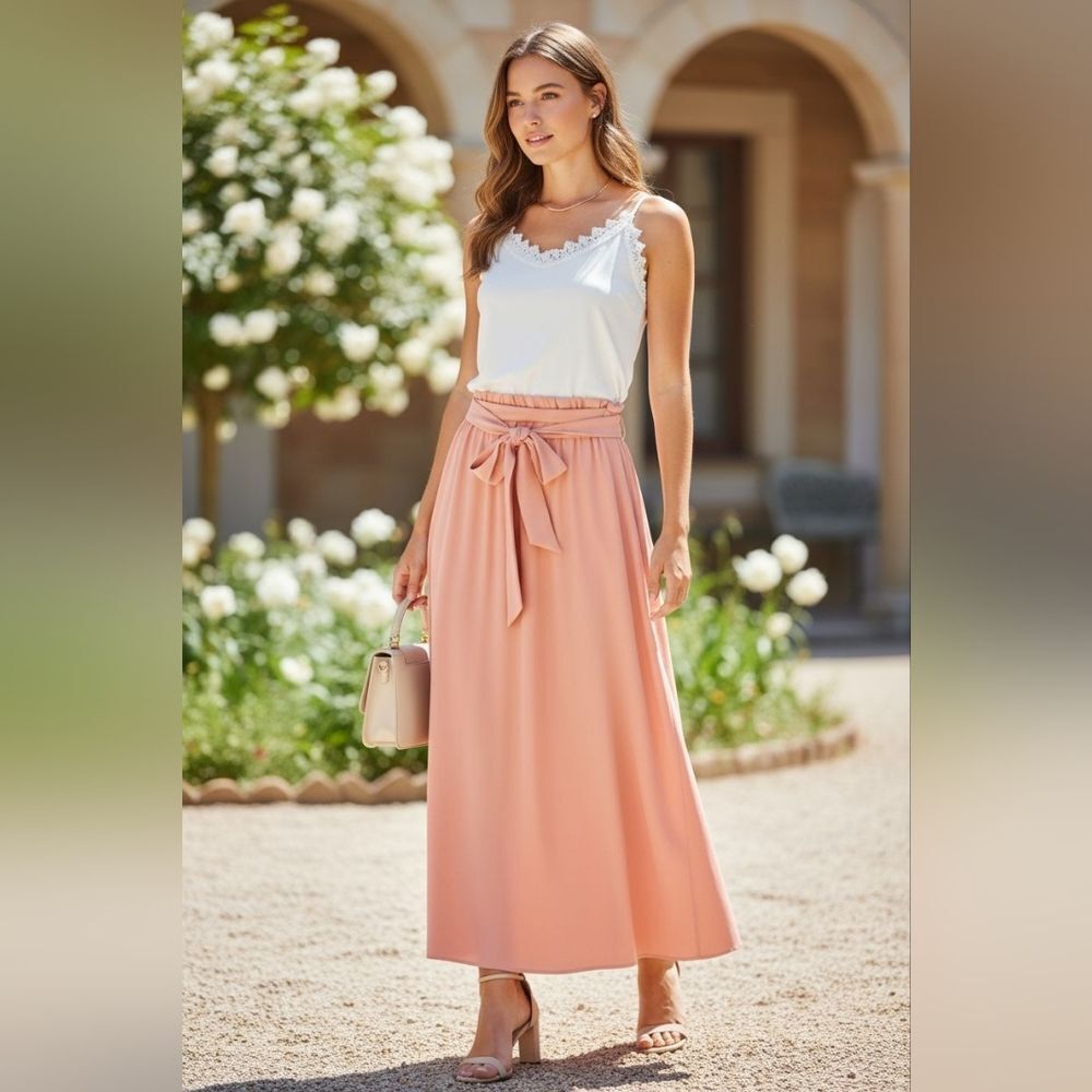 Flowy Maxi Pleated Blush-colored Skirt